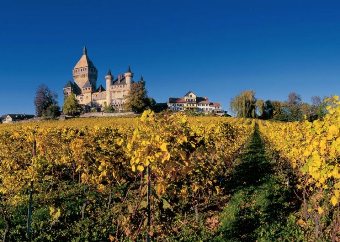 Vufflens Castle in the wine-growing area of La Cote on the shores of Lake Geneva, Canton Vaud, Switzerland.