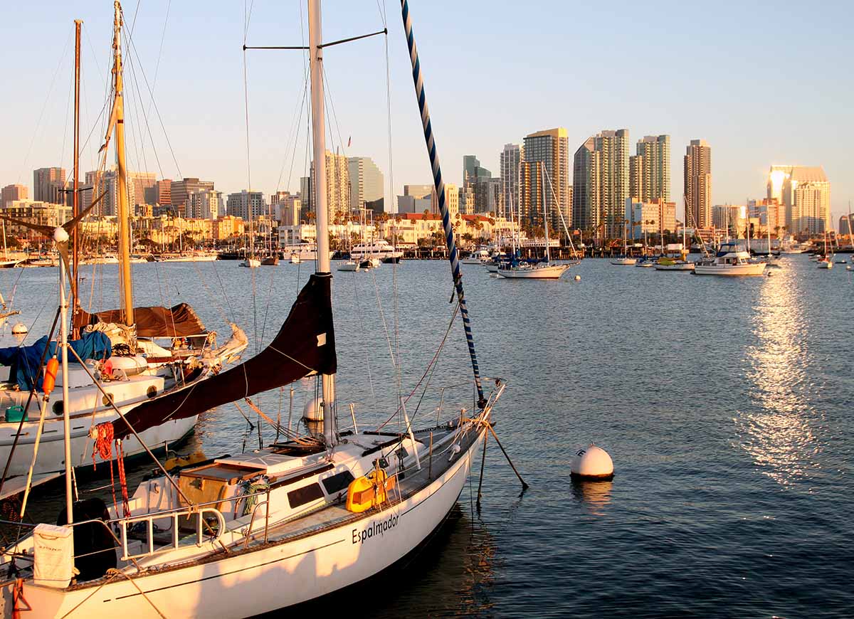 Sailboats anchored in San Diego Bay