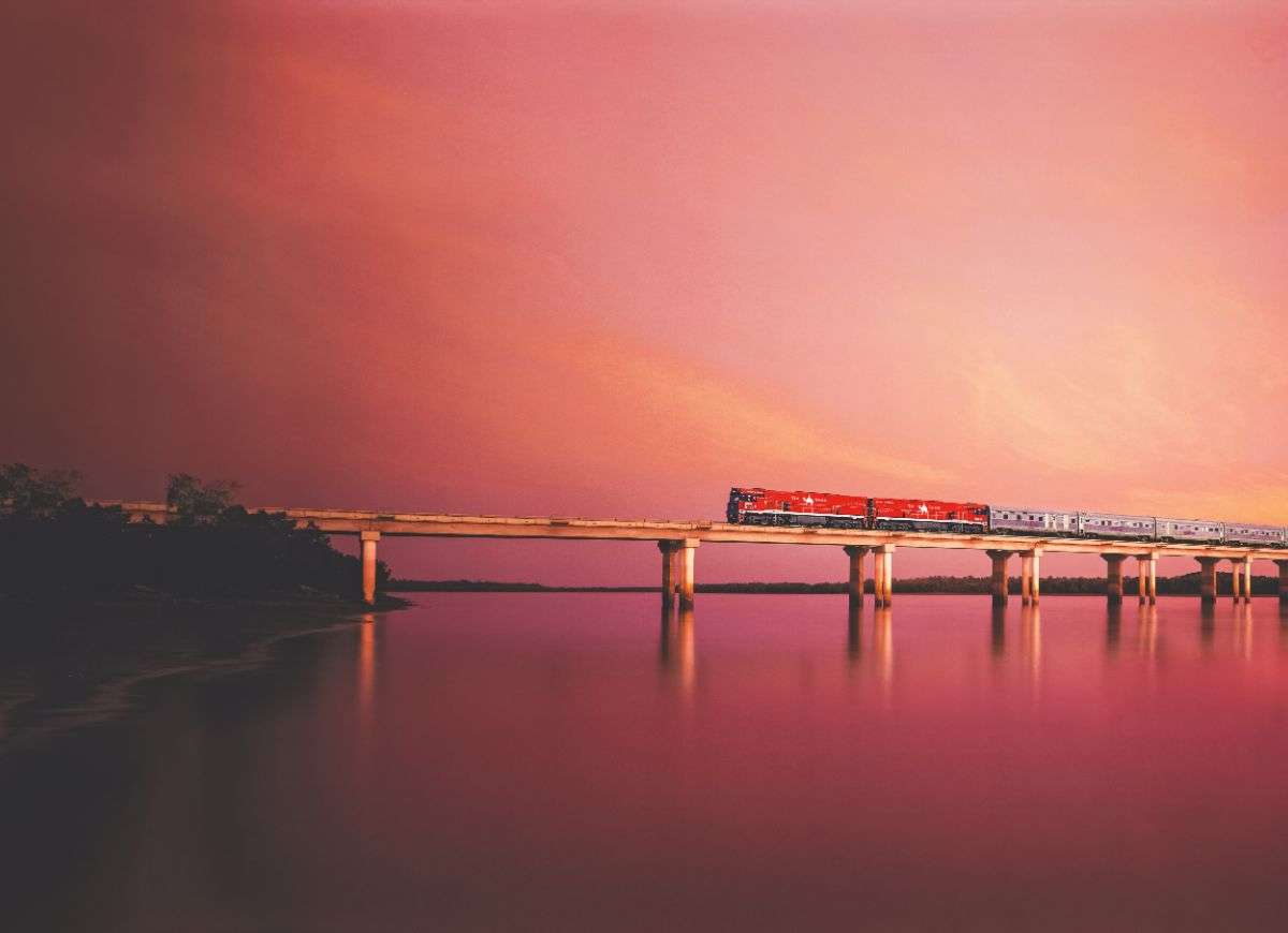 The Ghan crosses the Elizabeth River in the Northern Territory of Australia