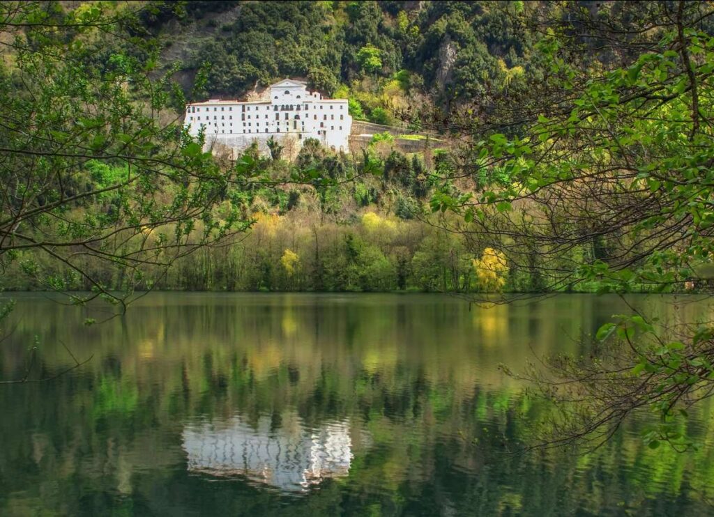 Abby of San Michele reflected in Monticchio Lake, Basilicata, Italy
