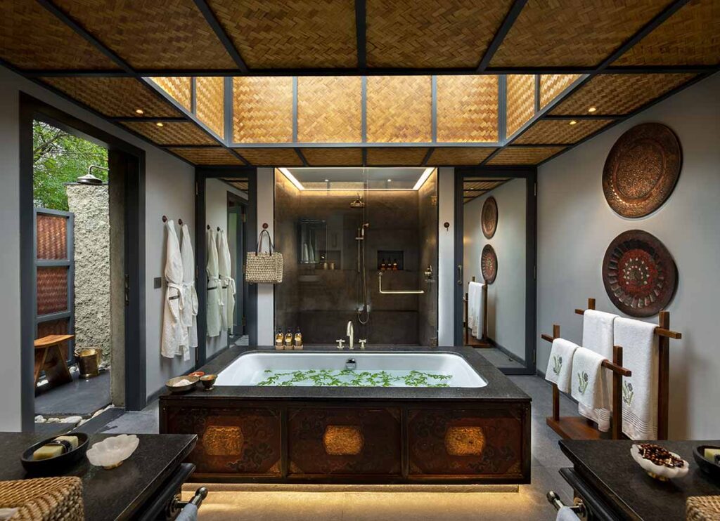 Tented suite bathroom at andBeyond Punakha River Lodge, Bhutan. Image supplied.